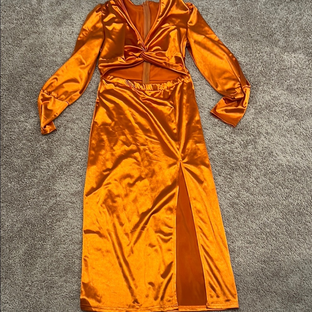 SHEIN Orange Wrap Tie Front Gown with Bishop Sleeves